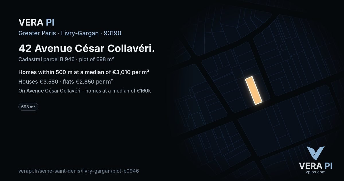 42 Avenue César Collavéri, Livry-Gargan at night – the plot lit, the parcels around coloured by the prices near them