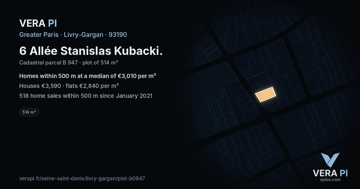 6 Allée Stanislas Kubacki, Livry-Gargan at night – the plot lit, the parcels around coloured by the prices near them