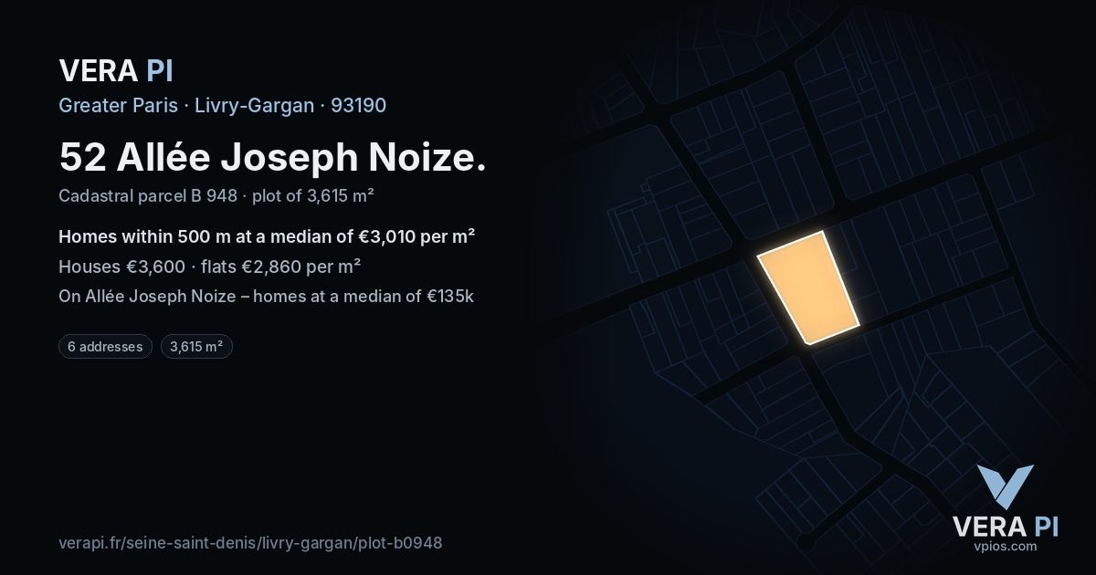 52 Allée Joseph Noize, Livry-Gargan at night – the plot lit, the parcels around coloured by the prices near them