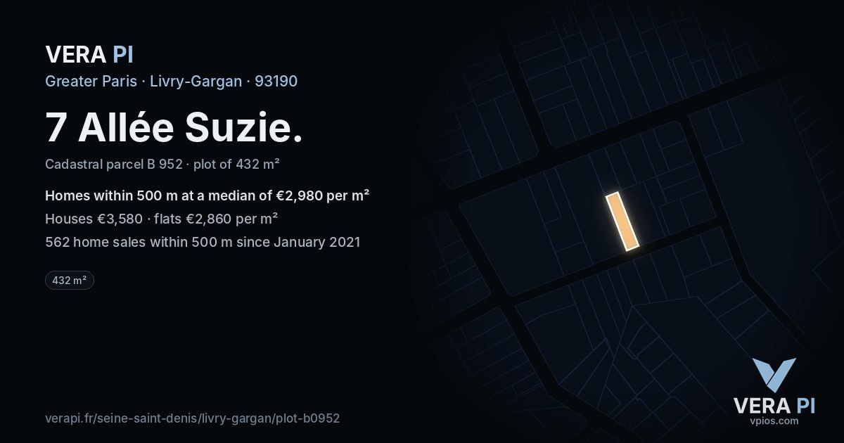 7 Allée Suzie, Livry-Gargan at night – the plot lit, the parcels around coloured by the prices near them