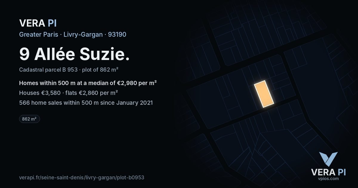 9 Allée Suzie, Livry-Gargan at night – the plot lit, the parcels around coloured by the prices near them