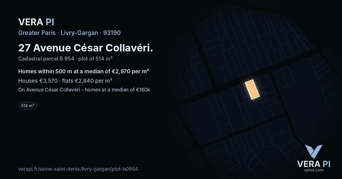27 Avenue César Collavéri, Livry-Gargan at night – the plot lit, the parcels around coloured by the prices near them
