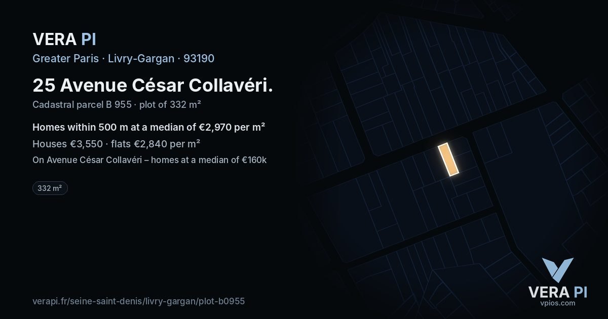 25 Avenue César Collavéri, Livry-Gargan at night – the plot lit, the parcels around coloured by the prices near them