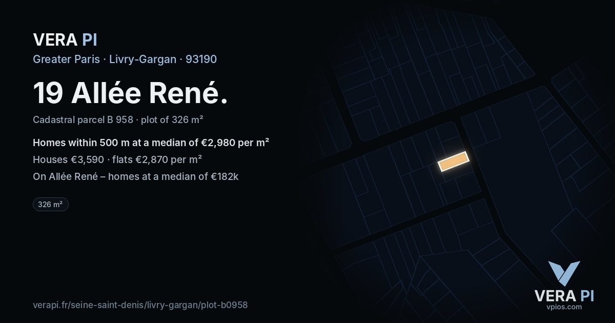 19 Allée René, Livry-Gargan at night – the plot lit, the parcels around coloured by the prices near them