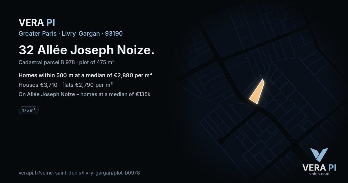 32 Allée Joseph Noize, Livry-Gargan at night – the plot lit, the parcels around coloured by the prices near them