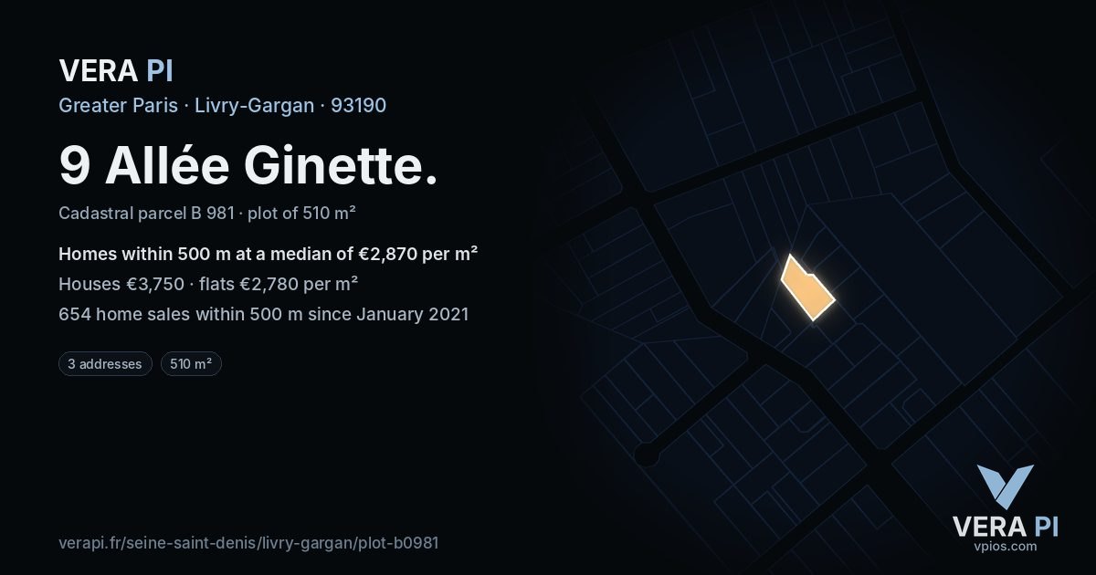 9 Allée Ginette, Livry-Gargan at night – the plot lit, the parcels around coloured by the prices near them