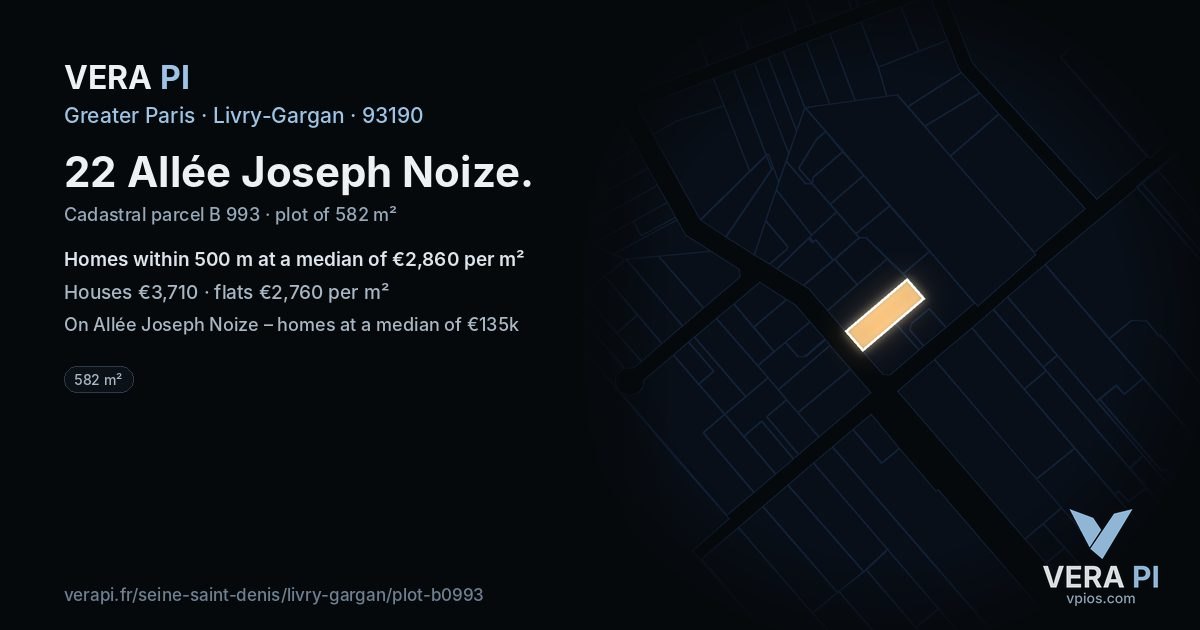 22 Allée Joseph Noize, Livry-Gargan at night – the plot lit, the parcels around coloured by the prices near them