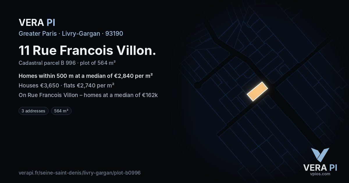 11 Rue Francois Villon, Livry-Gargan at night – the plot lit, the parcels around coloured by the prices near them