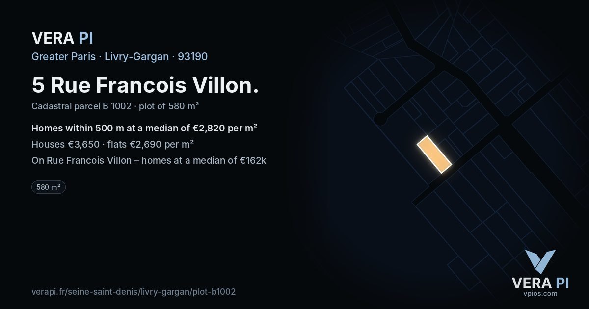 5 Rue Francois Villon, Livry-Gargan at night – the plot lit, the parcels around coloured by the prices near them