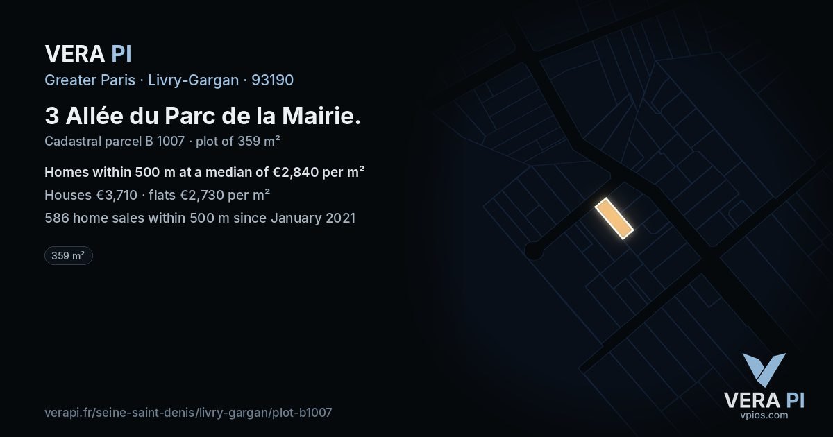 3 Allée du Parc de la Mairie, Livry-Gargan at night – the plot lit, the parcels around coloured by the prices near them