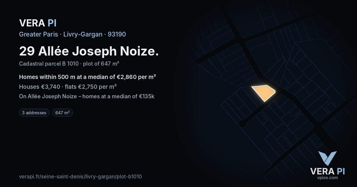 29 Allée Joseph Noize, Livry-Gargan at night – the plot lit, the parcels around coloured by the prices near them