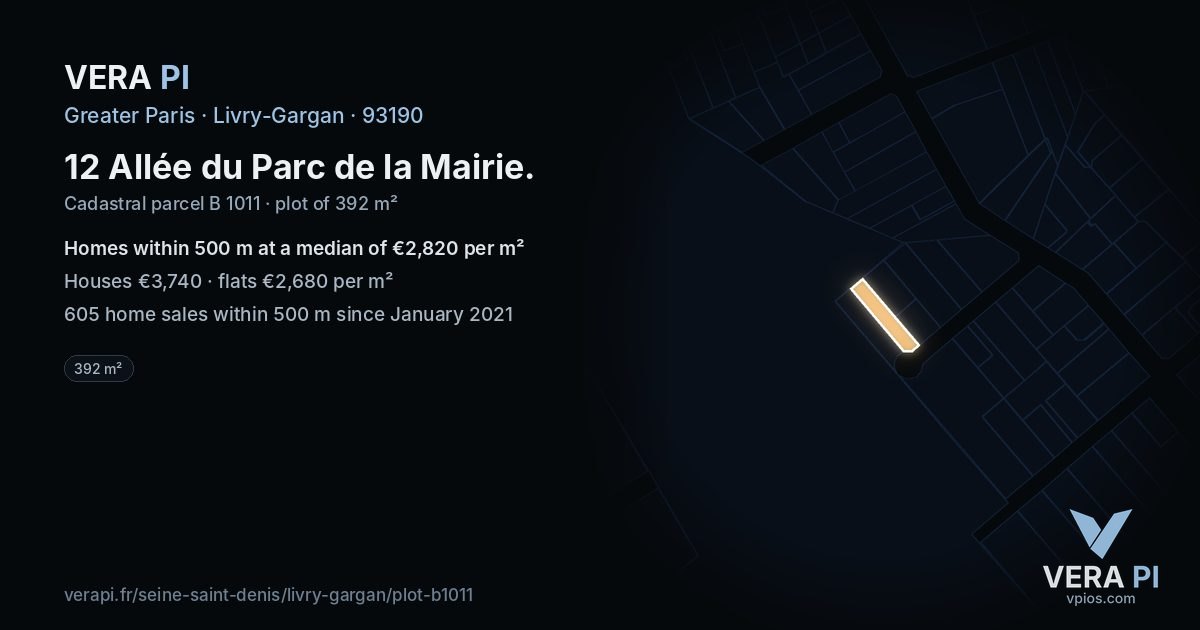 12 Allée du Parc de la Mairie, Livry-Gargan at night – the plot lit, the parcels around coloured by the prices near them