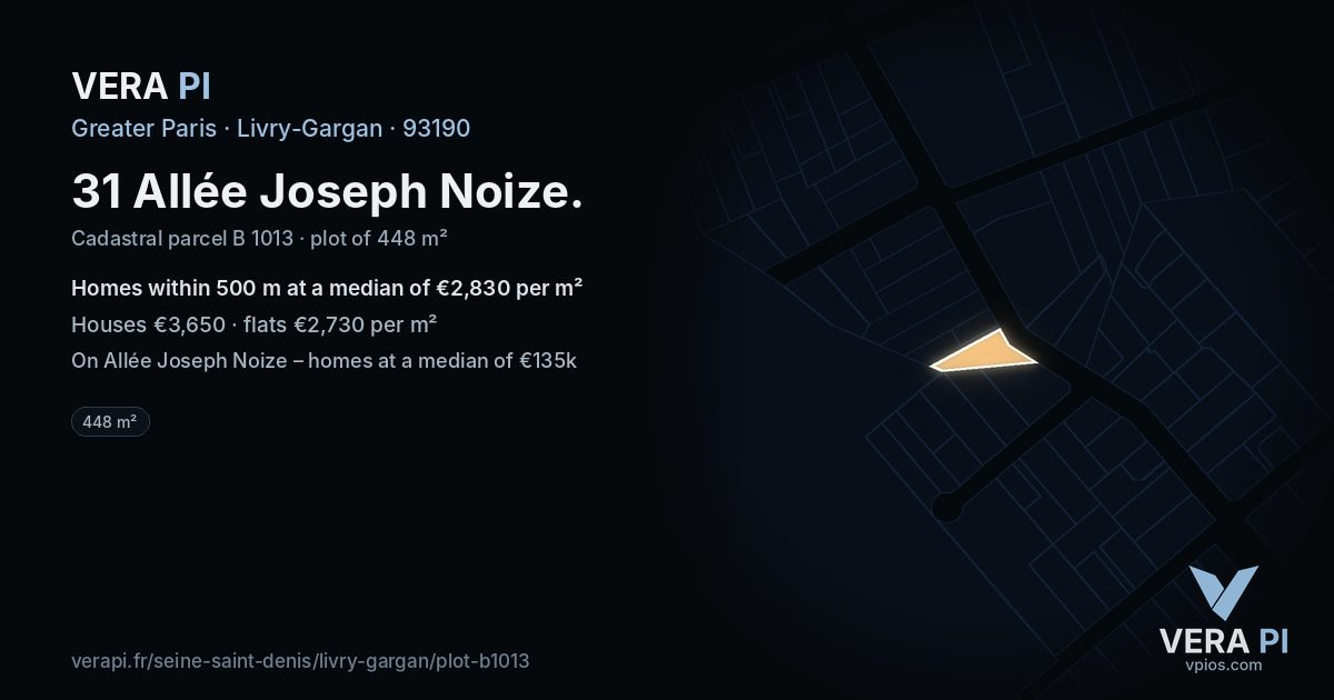 31 Allée Joseph Noize, Livry-Gargan at night – the plot lit, the parcels around coloured by the prices near them