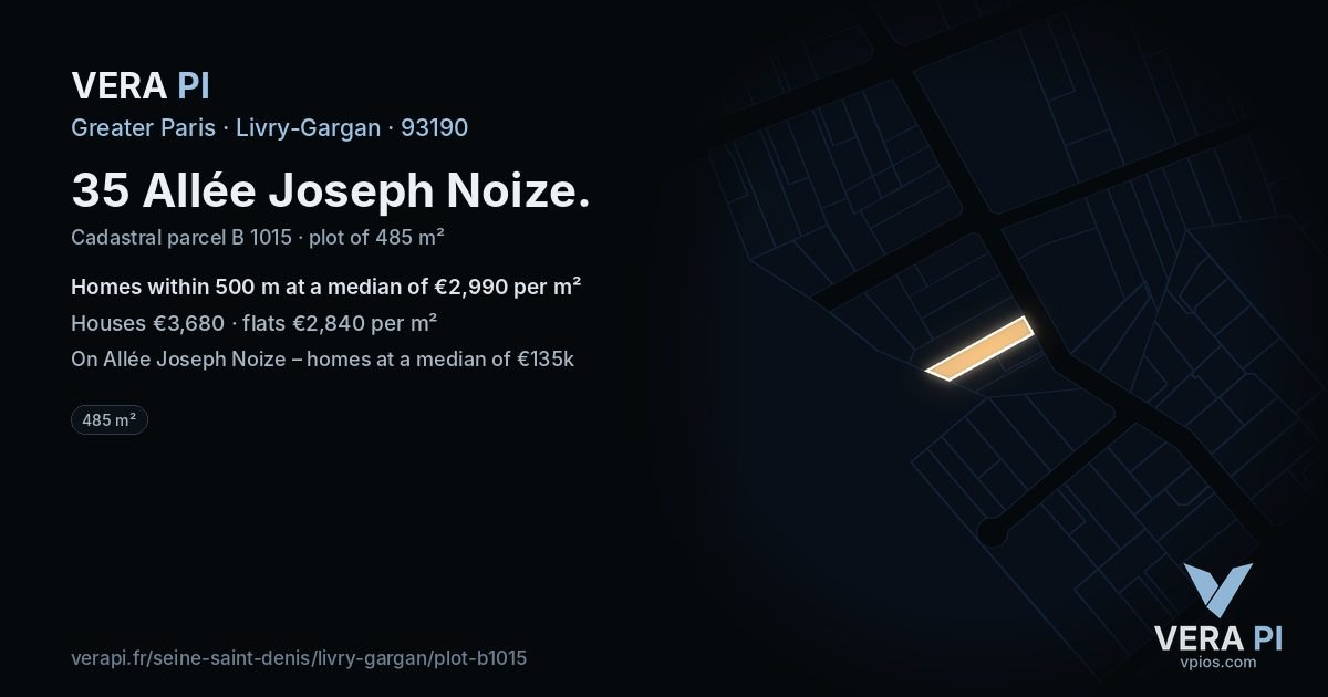 35 Allée Joseph Noize, Livry-Gargan at night – the plot lit, the parcels around coloured by the prices near them