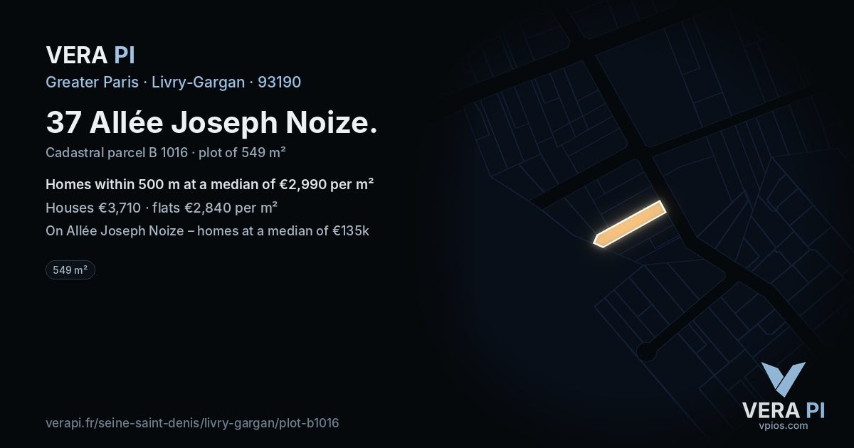 37 Allée Joseph Noize, Livry-Gargan at night – the plot lit, the parcels around coloured by the prices near them