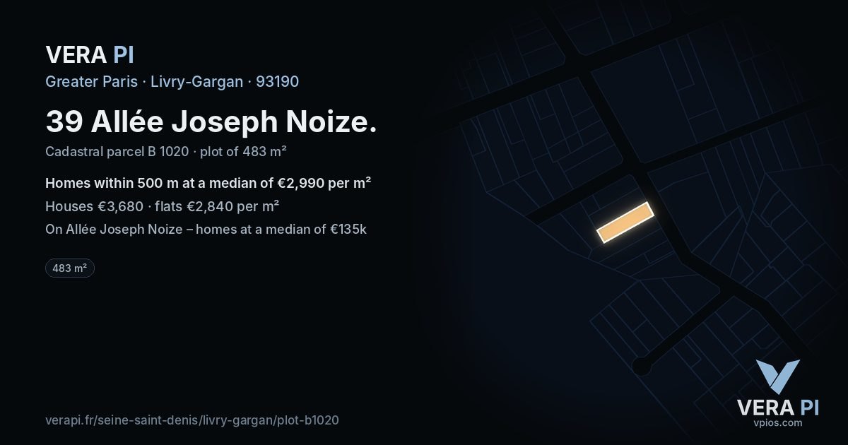39 Allée Joseph Noize, Livry-Gargan at night – the plot lit, the parcels around coloured by the prices near them