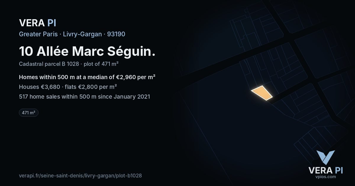 10 Allée Marc Séguin, Livry-Gargan at night – the plot lit, the parcels around coloured by the prices near them