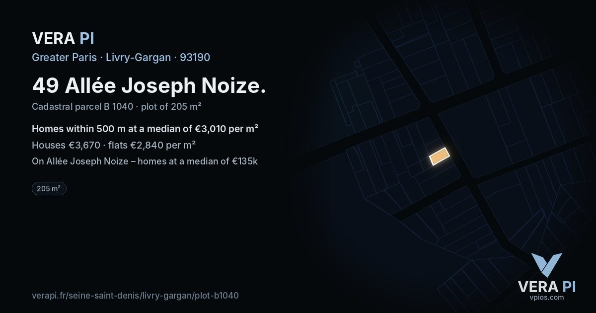 49 Allée Joseph Noize, Livry-Gargan at night – the plot lit, the parcels around coloured by the prices near them
