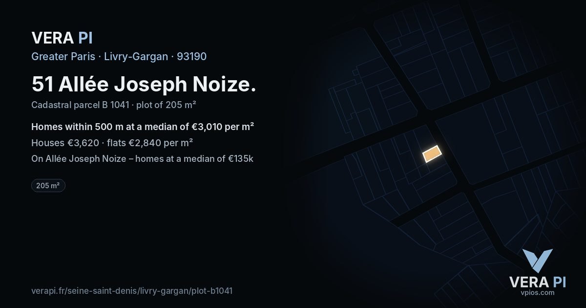 51 Allée Joseph Noize, Livry-Gargan at night – the plot lit, the parcels around coloured by the prices near them