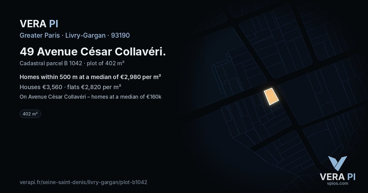49 Avenue César Collavéri, Livry-Gargan at night – the plot lit, the parcels around coloured by the prices near them
