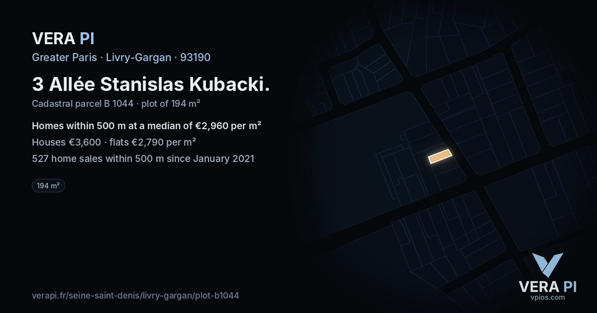3 Allée Stanislas Kubacki, Livry-Gargan at night – the plot lit, the parcels around coloured by the prices near them