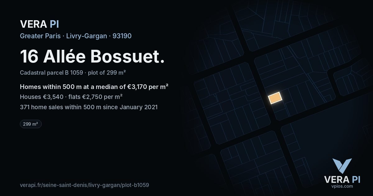 16 Allée Bossuet, Livry-Gargan at night – the plot lit, the parcels around coloured by the prices near them