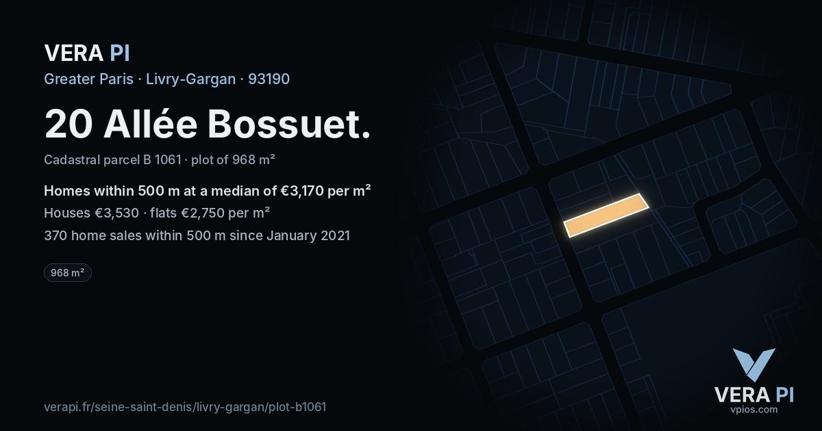 20 Allée Bossuet, Livry-Gargan at night – the plot lit, the parcels around coloured by the prices near them