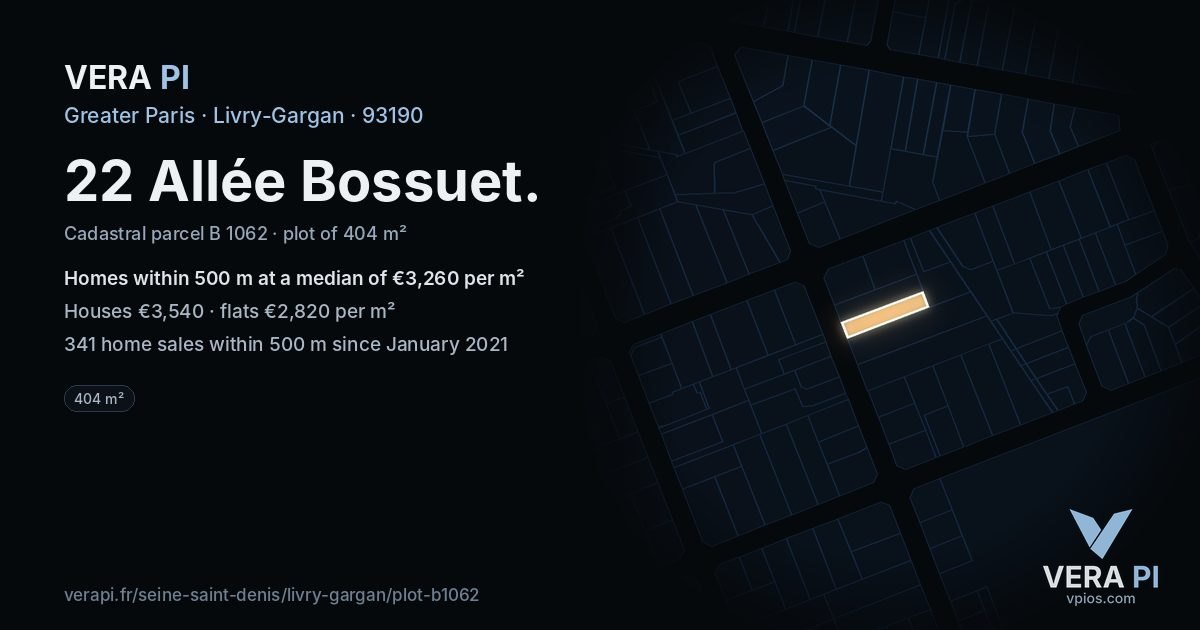 22 Allée Bossuet, Livry-Gargan at night – the plot lit, the parcels around coloured by the prices near them