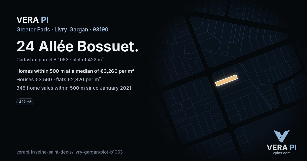 24 Allée Bossuet, Livry-Gargan at night – the plot lit, the parcels around coloured by the prices near them