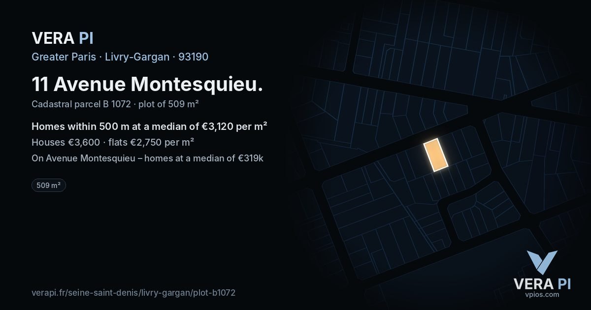 11 Avenue Montesquieu, Livry-Gargan at night – the plot lit, the parcels around coloured by the prices near them