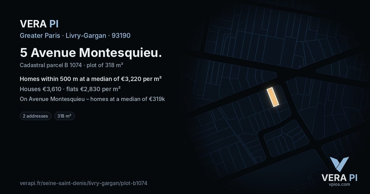 5 Avenue Montesquieu, Livry-Gargan at night – the plot lit, the parcels around coloured by the prices near them