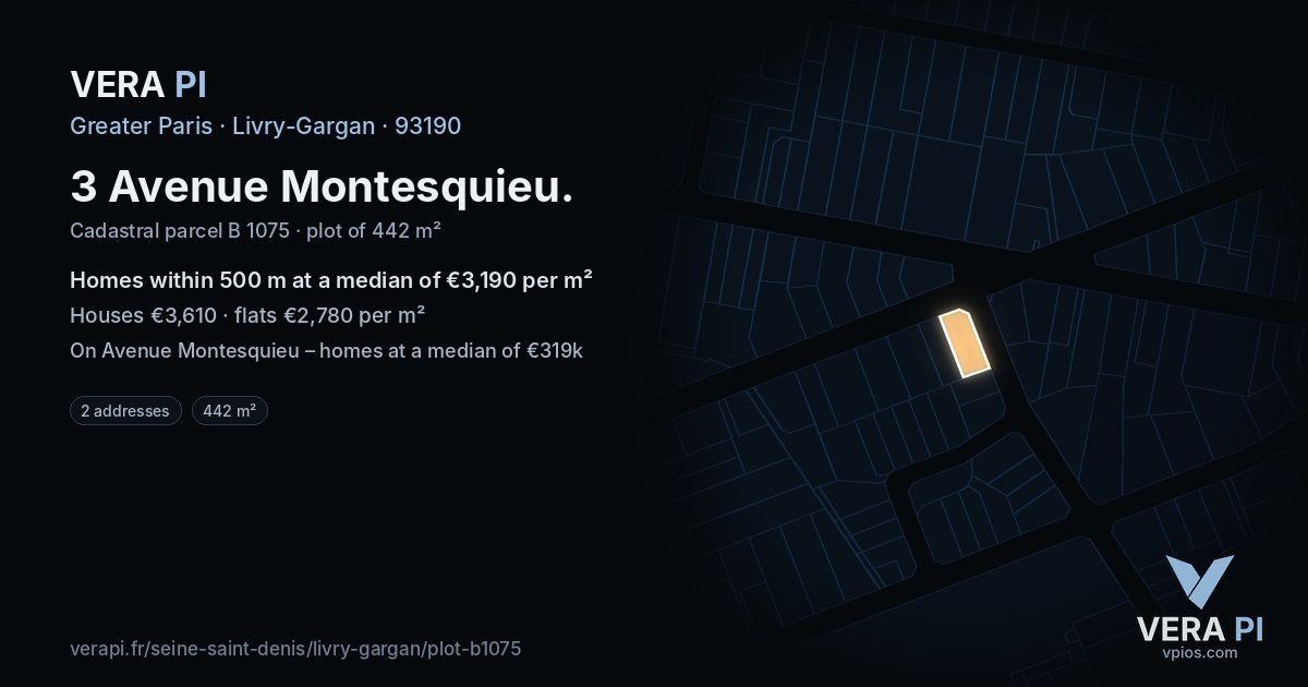 3 Avenue Montesquieu, Livry-Gargan at night – the plot lit, the parcels around coloured by the prices near them