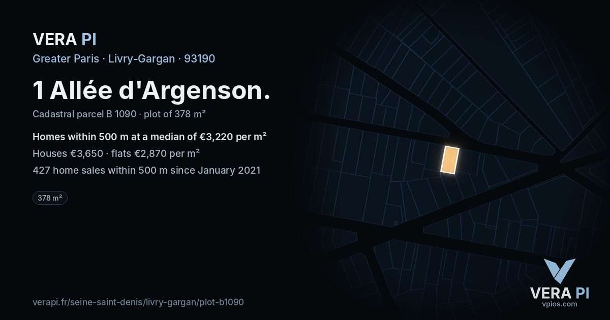 1 Allée d'Argenson, Livry-Gargan at night – the plot lit, the parcels around coloured by the prices near them