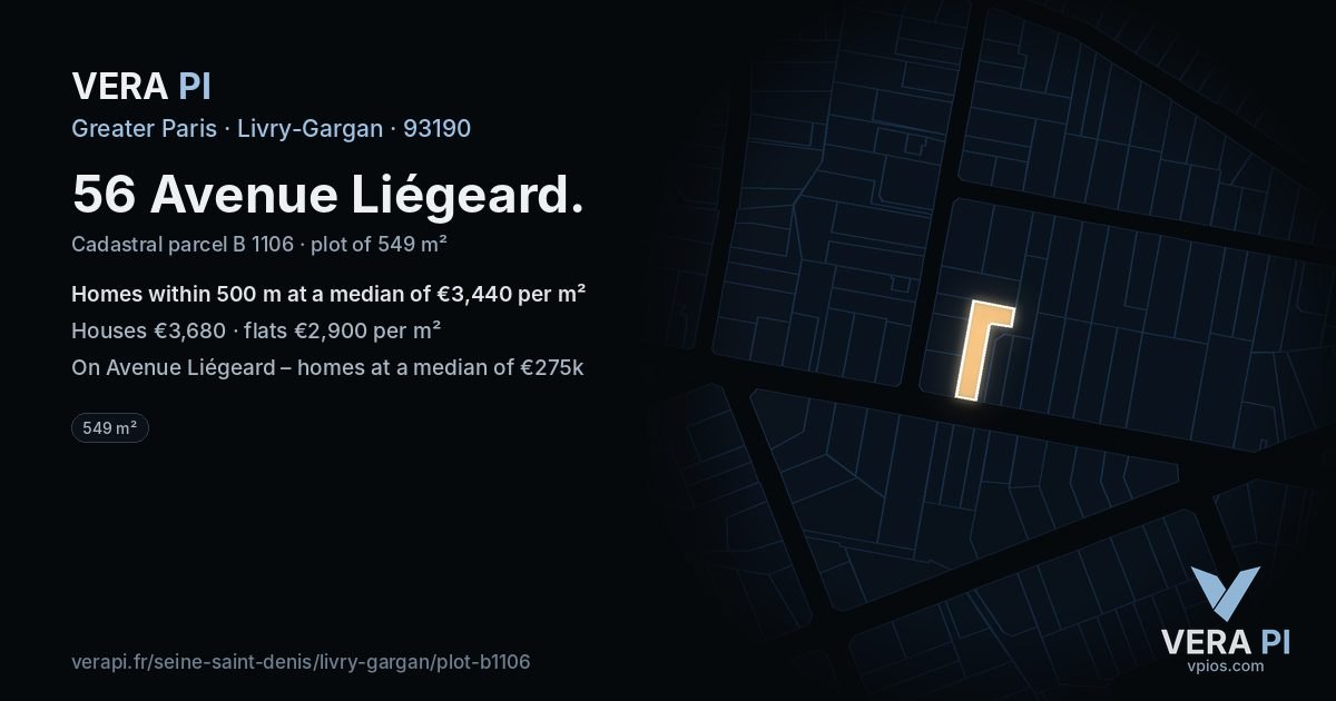 56 Avenue Liégeard, Livry-Gargan at night – the plot lit, the parcels around coloured by the prices near them