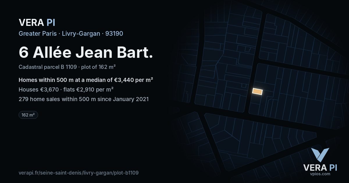 6 Allée Jean Bart, Livry-Gargan at night – the plot lit, the parcels around coloured by the prices near them