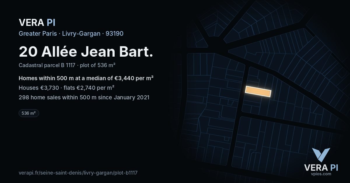 20 Allée Jean Bart, Livry-Gargan at night – the plot lit, the parcels around coloured by the prices near them