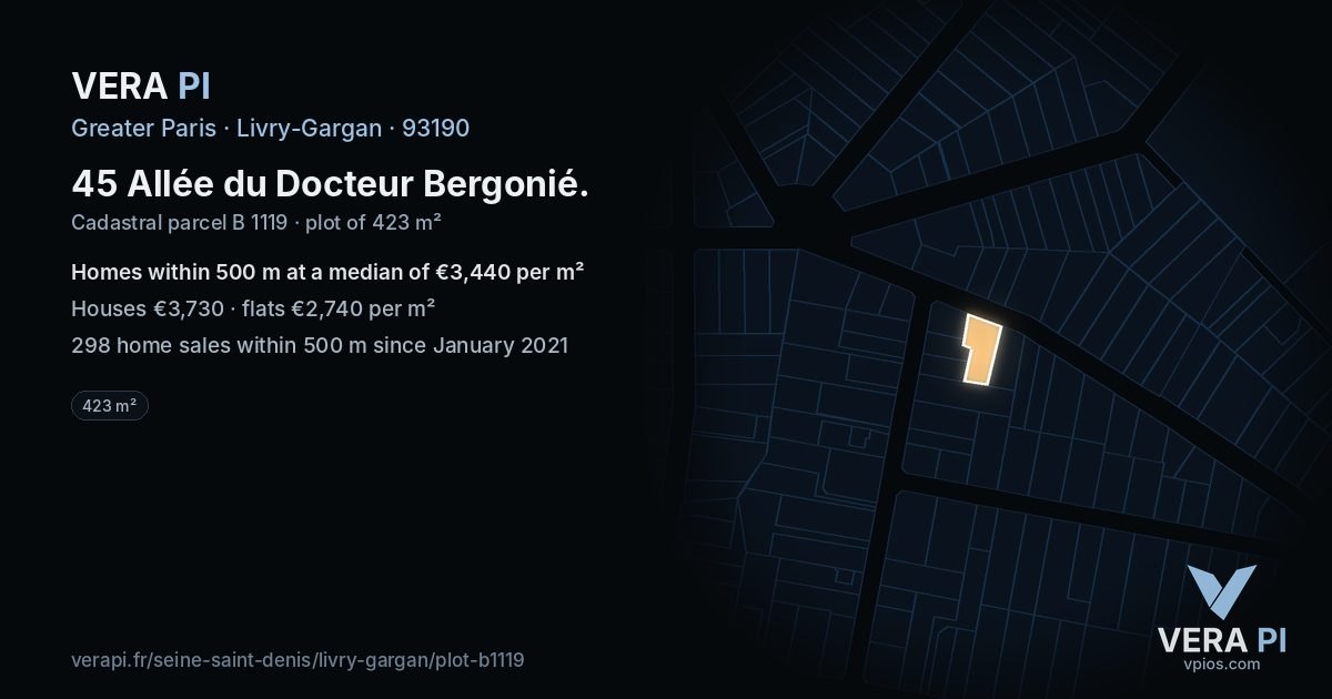 45 Allée du Docteur Bergonié, Livry-Gargan at night – the plot lit, the parcels around coloured by the prices near them