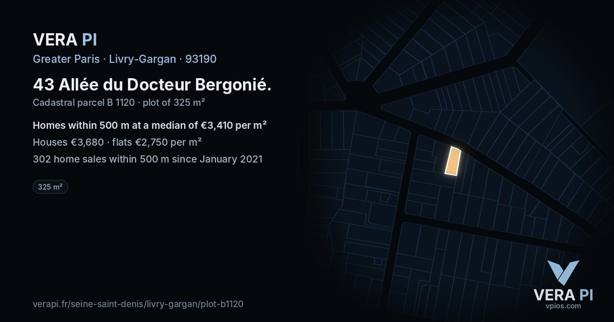 43 Allée du Docteur Bergonié, Livry-Gargan at night – the plot lit, the parcels around coloured by the prices near them
