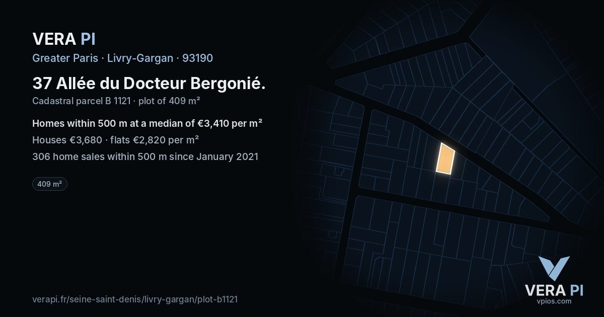 37 Allée du Docteur Bergonié, Livry-Gargan at night – the plot lit, the parcels around coloured by the prices near them