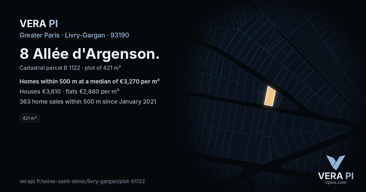 8 Allée d'Argenson, Livry-Gargan at night – the plot lit, the parcels around coloured by the prices near them