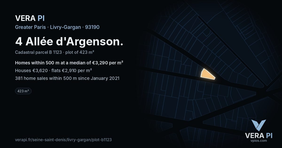 4 Allée d'Argenson, Livry-Gargan at night – the plot lit, the parcels around coloured by the prices near them