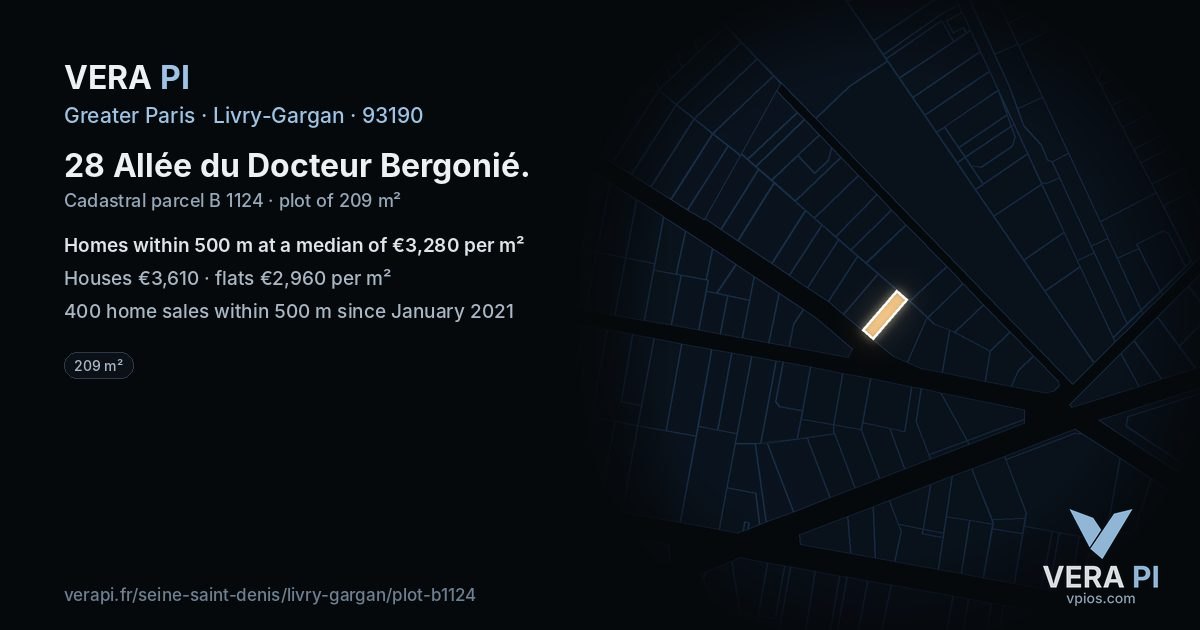 28 Allée du Docteur Bergonié, Livry-Gargan at night – the plot lit, the parcels around coloured by the prices near them