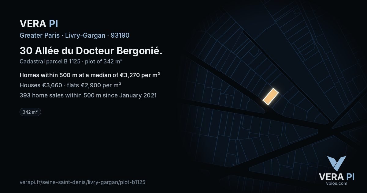 30 Allée du Docteur Bergonié, Livry-Gargan at night – the plot lit, the parcels around coloured by the prices near them