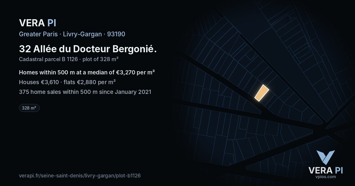 32 Allée du Docteur Bergonié, Livry-Gargan at night – the plot lit, the parcels around coloured by the prices near them