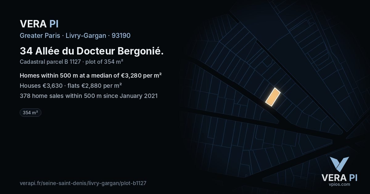 34 Allée du Docteur Bergonié, Livry-Gargan at night – the plot lit, the parcels around coloured by the prices near them