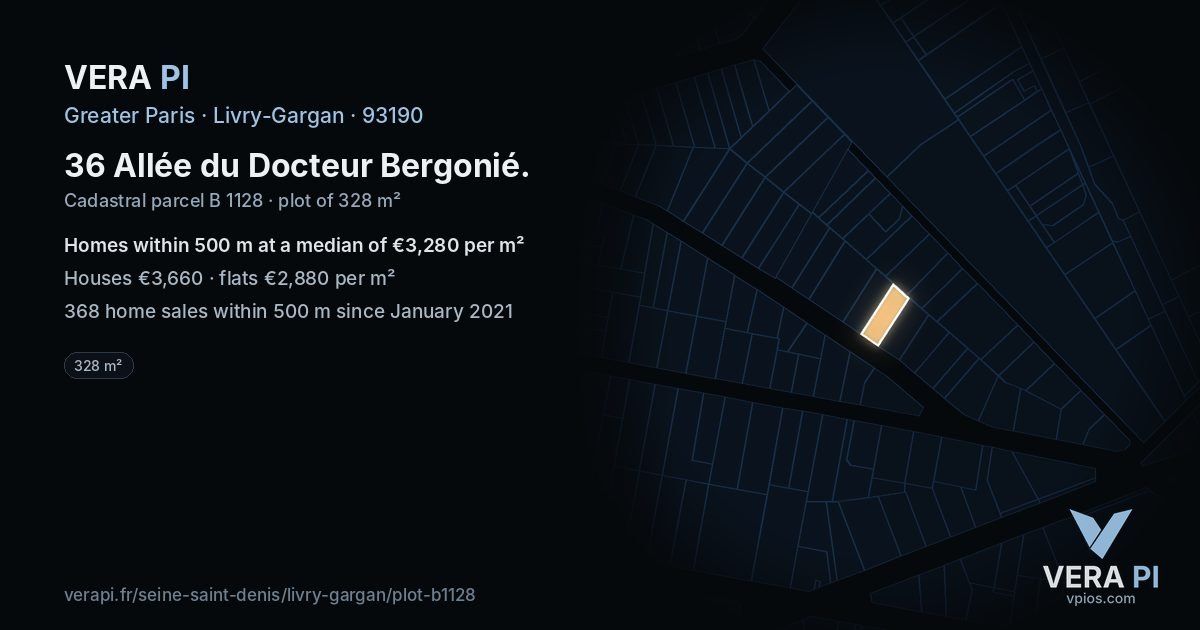 36 Allée du Docteur Bergonié, Livry-Gargan at night – the plot lit, the parcels around coloured by the prices near them