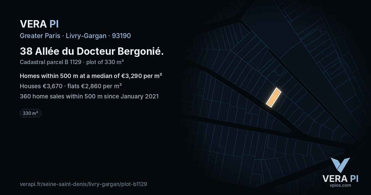 38 Allée du Docteur Bergonié, Livry-Gargan at night – the plot lit, the parcels around coloured by the prices near them
