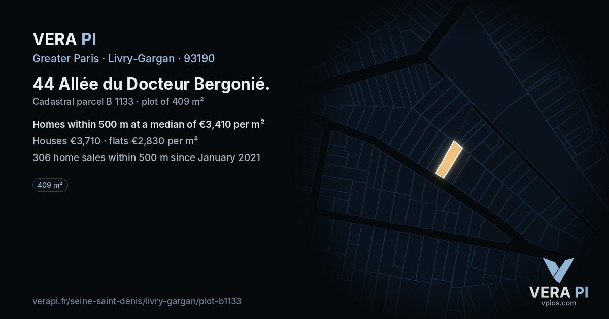 44 Allée du Docteur Bergonié, Livry-Gargan at night – the plot lit, the parcels around coloured by the prices near them