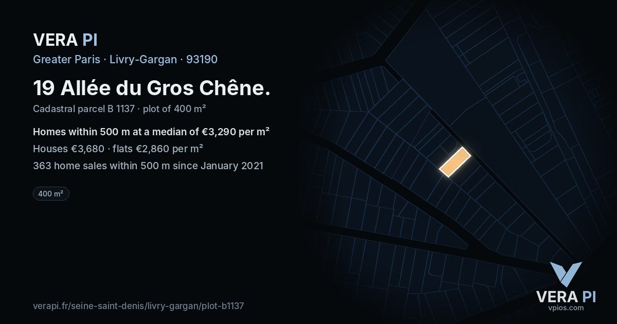 19 Allée du Gros Chêne, Livry-Gargan at night – the plot lit, the parcels around coloured by the prices near them