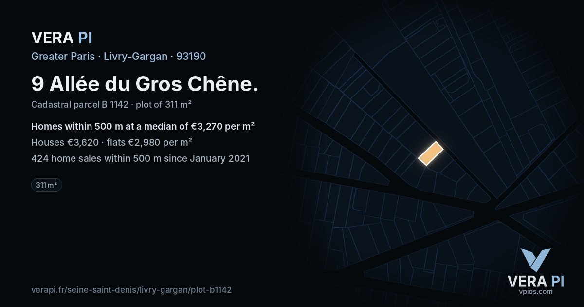 9 Allée du Gros Chêne, Livry-Gargan at night – the plot lit, the parcels around coloured by the prices near them